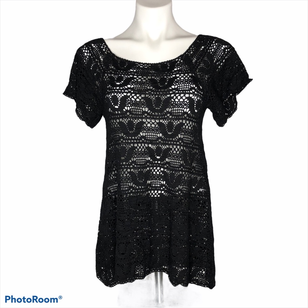 Nanette Lepore Black Crochet Short Sleeve Top